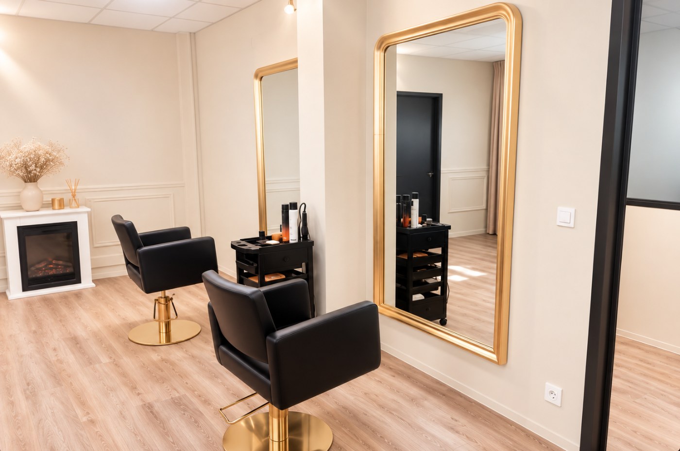 Espace mise en beauté de l'institut Khadi Beauty, avec fauteuils et grands miroirs dorés